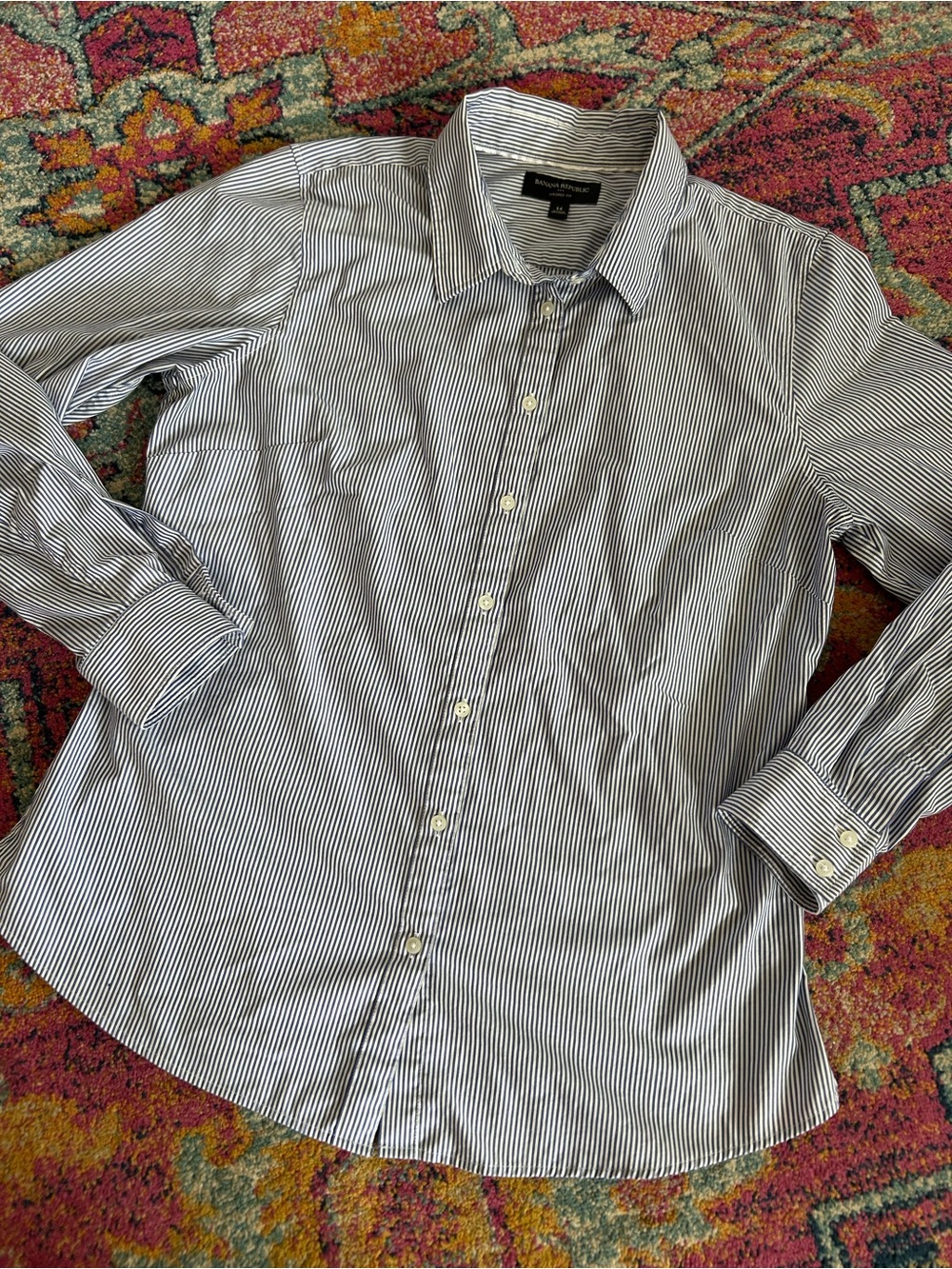 Banana Republic | Women’s Navy/White Striped Tailored Fit Button-Up Shirt Sz 14 - Picture 9 of 16